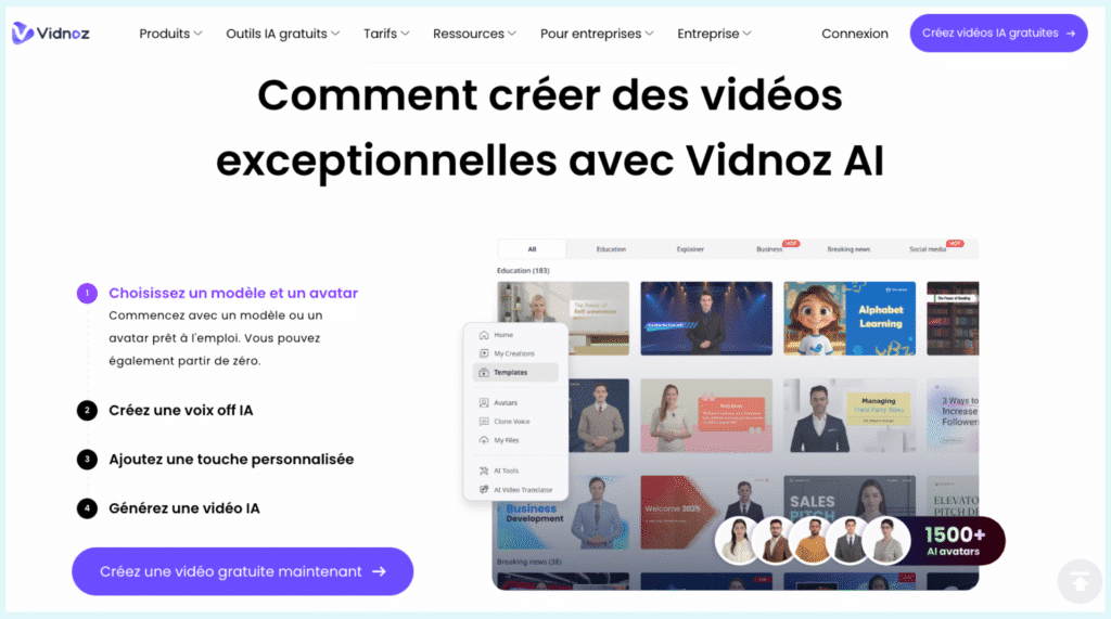 Vidnoz est pensé pour le marketing et les ventes. Au-delà de la création vidéo, il intègre des outils de suivi des performances et des intégrations avec les CRM.