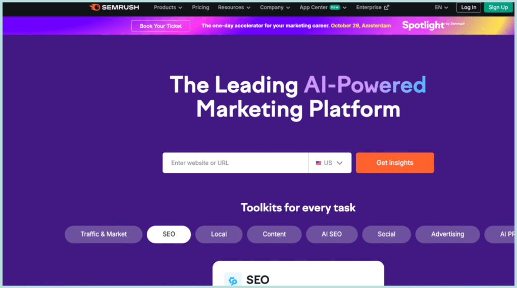 Semrush est une plateforme complète pour le SEO, la publicité, les réseaux sociaux et le marketing de contenu. Analysez, optimisez et devancez vos concurrents.