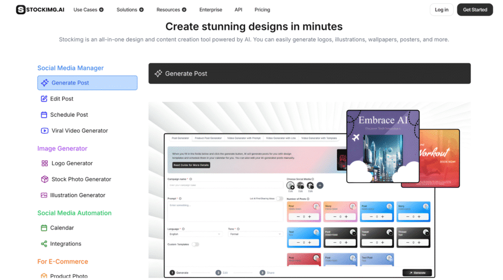 Créez logos, affiches et visuels marketing avec Stockimg AI. Générateur d’images IA rapide et intuitif pour des rendus professionnels.