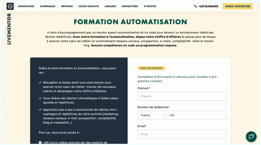Découvrez la formation No Code LiveMentor, la plus pédagogique et accompagnée, pour maîtriser l’automatisation, créer vos projets sans coder et progresser rapidement.